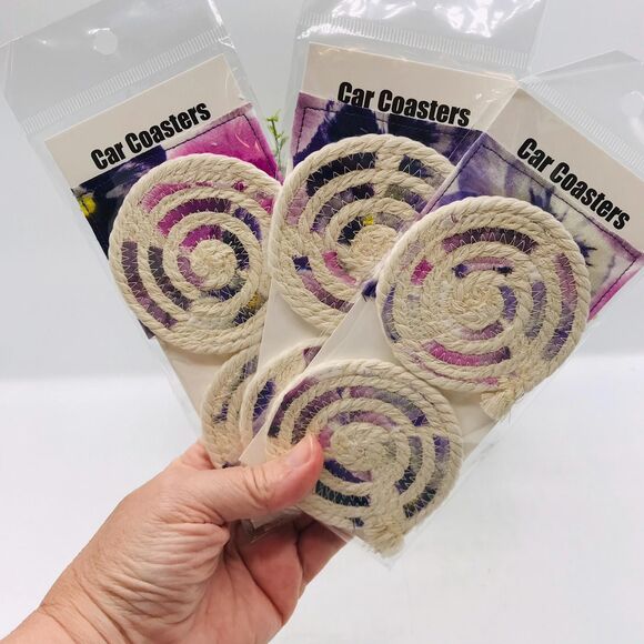 Rope Car Coasters Boho Purple Pansies Cream One Set of 2  For Car Cup Holders - Picture 2 of 5
